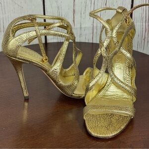 ALEXANDER MCQUEEN distressed crackled Gold leather gladiator strappy sandals 8